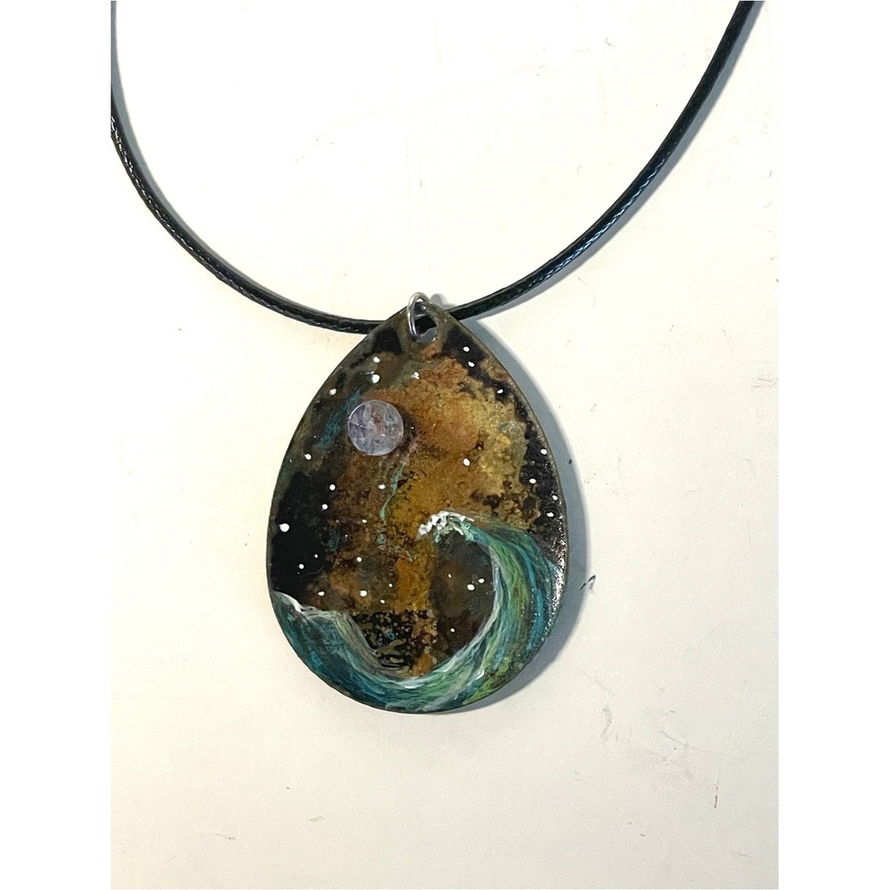 Oil Painted Lure Pendant Necklace Ocean Wave Moonstone Crystal Gemstone Sea